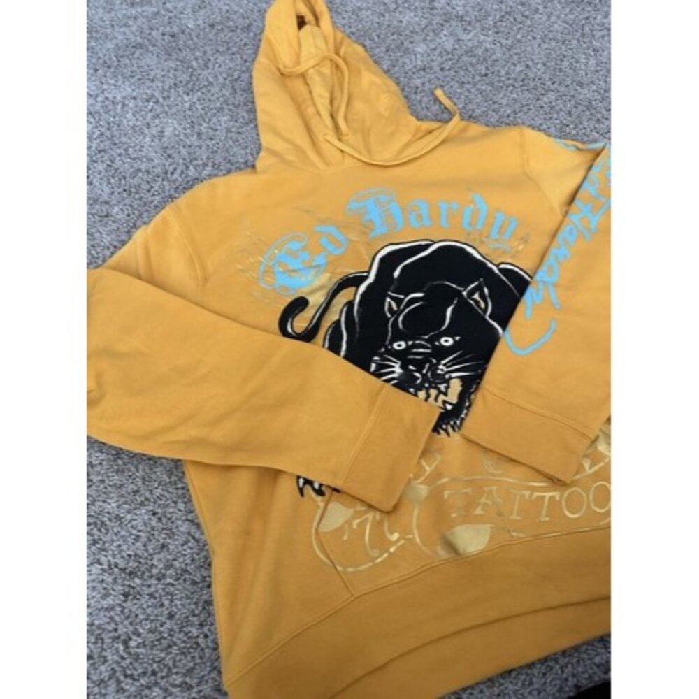 Ed Hardy Mens Yellow Black Panthers Graphic Print Hoodie Size XL Pockets - Picture 2 of 15